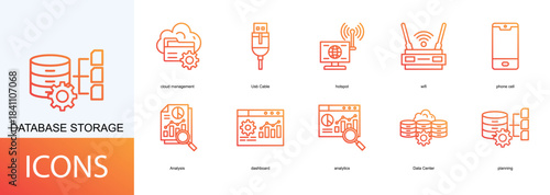 database storage icon collection set. Containing cloud management, Usb Cable, hotspot, wifi, phone cell, Analysis icon