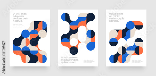 Template with fluid geometric shapes. Abstract bauhaus geometric pattern backgrounds with metaball fusion. Layout for flyer, poster or cover. 