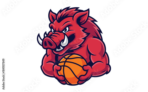A cartoonish red wild boar with sharp tusks grips a bright orange basketball firmly