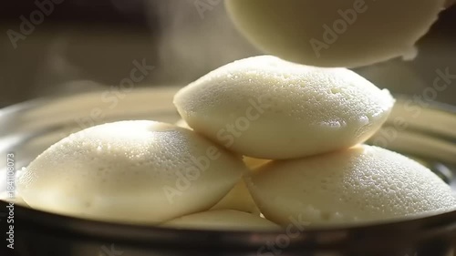 Close-up of freshly steamed idli, a traditional South Indian breakfast dish, served hot and ready to eat.