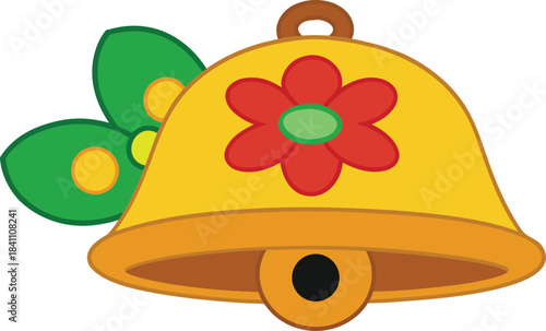 Bright yellow bell with red flower and green bow