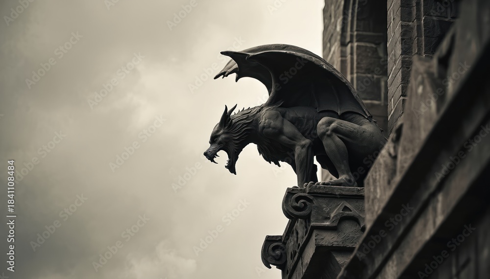 Fototapeta premium Stone gargoyle sculpture perches on a gothic church tower against a cloudy sky. This winged beast statue, carved in dark stone, looks menacing and watchful.