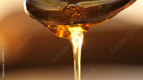Close-up of golden honey dripping from a spoon, macro shot.