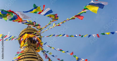 Panorama of prayer flags at the Swayambhunath temple in Kathmandu, Nepal