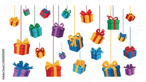 Holiday gifts arrangement: Colorful presents suspended by strings, decorated with vibrant bows. A cheerful illustration to convey joy and anticipation.