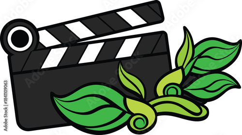 Film production clapboard with green leaves and organic design elements