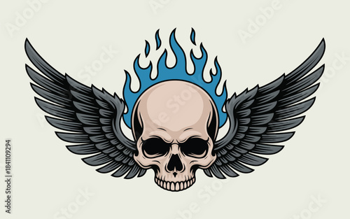A detailed illustration of a human skull with large dark wings and vibrant blue flames