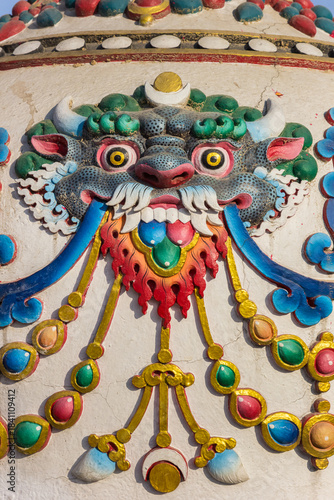 Colorful Buddhist sculpture at the Boudhanath stupa in Kathmandu, Nepal