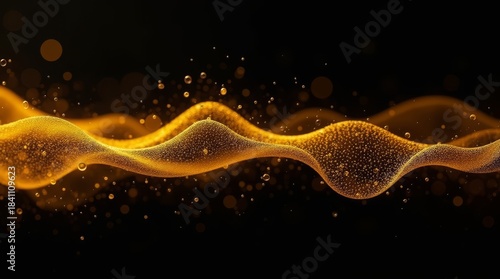 Glowing golden wave of particles and liquid bubbles flowing on black background, futuristic abstract motion concept.