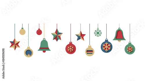 Festive Ornament Display: A cheerful array of hanging Christmas ornaments, including stars, bells, baubles, and snowflakes, set against an airy backdrop, embodies the spirit of the season.