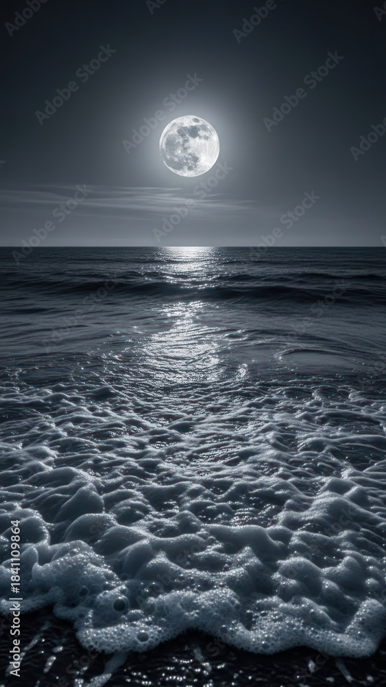 Obraz premium Moonlit ocean waves crashing on the shore in a monochrome, surreal landscape