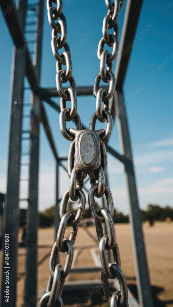 Naklejka premium Metal chains hanging from a playground structure against a blurry blue sky