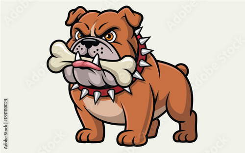 A fierce cartoon bulldog with a red spiked collar holds a large bone in its mouth