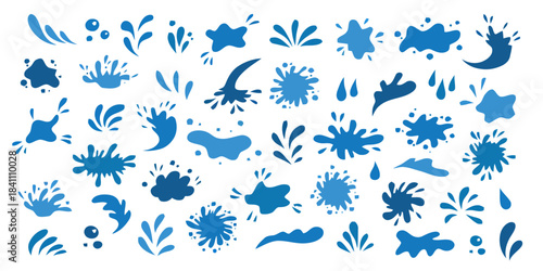 Blue water splashes and drops collection liquid
