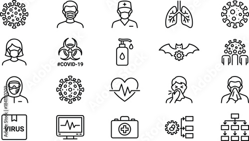 Coronavirus and Healthcare Protection Line Icons Set, COVID-19, Virus, Doctor, Medical Mask, Lungs, Health Diagnosis, Safety, Epidemic, Pandemic, Vector Illustration, Linear