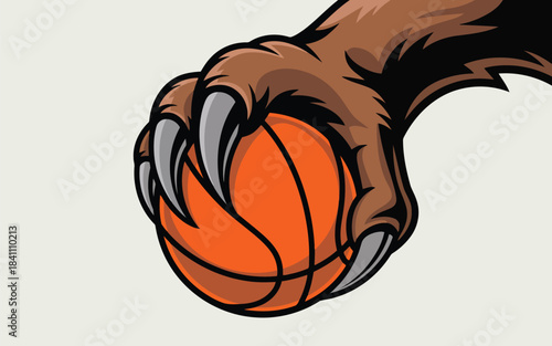 A fierce monster claw with sharp grey talons gripping a bright orange basketball tightly