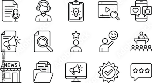Business, Marketing, and Management Vector Icons Set, Communication, Planning, Agreement, Productivity, Success, Growth, Customer Service, Time Schedule, Outline, Linear