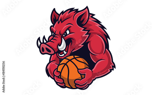 A fierce red wild boar mascot with tusks holds an orange basketball on a clean white background