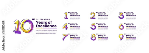 Colorful Years of Excellence Anniversary Logotype Set. 1, 2, 3, 4, 5, 6, 7, 8, 9, 10