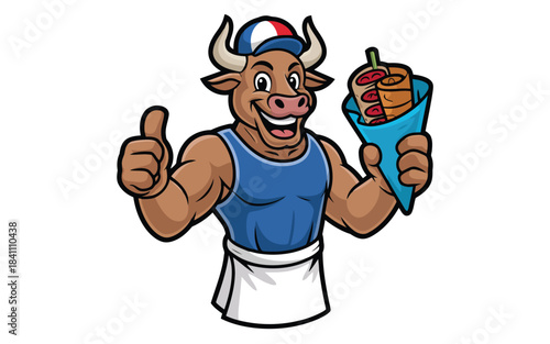 A friendly bull mascot wearing a French hat and apron gives a thumbs up while holding a delicious kebab