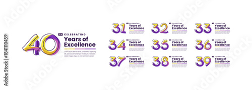 Colorful Years of Excellence Anniversary Logotype Set. 31, 32, 33, 34, 35, 36, 37, 38, 39, 40