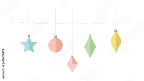 Festive Ornament Garland: A charming array of pastel-colored ornaments hanging delicately against a backdrop, evoking a sense of seasonal joy and celebration.