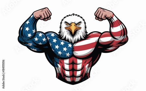 A powerful muscular bald eagle character proudly flexing biceps with an American flag pattern