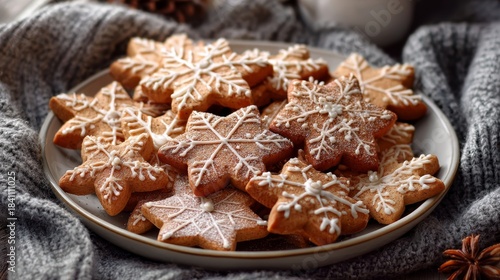 Festive Gingerbread Snowflake Cookies on Cozy Knit Blanket