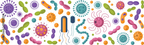 Colorful microorganism pattern illustration, bacteria and viruses, scientific microbiology backdrop, seamless germ design, microscopic organisms, biology education artwork
