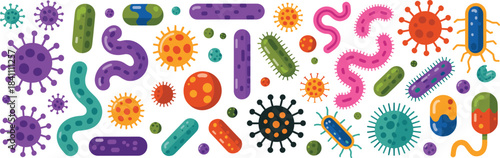 Colorful microorganism pattern illustration, bacteria and viruses, scientific microbiology backdrop, seamless germ design, microscopic organisms, biology education artwork