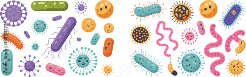 Colorful microorganism pattern illustration, bacteria and viruses, scientific microbiology backdrop, seamless germ design, microscopic organisms, biology education artwork