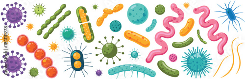 Colorful microorganism pattern illustration, bacteria and viruses, scientific microbiology backdrop, seamless germ design, microscopic organisms, biology education artwork