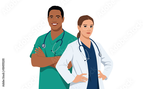 A smiling male doctor with crossed arms and a confident female doctor with hands on her hips