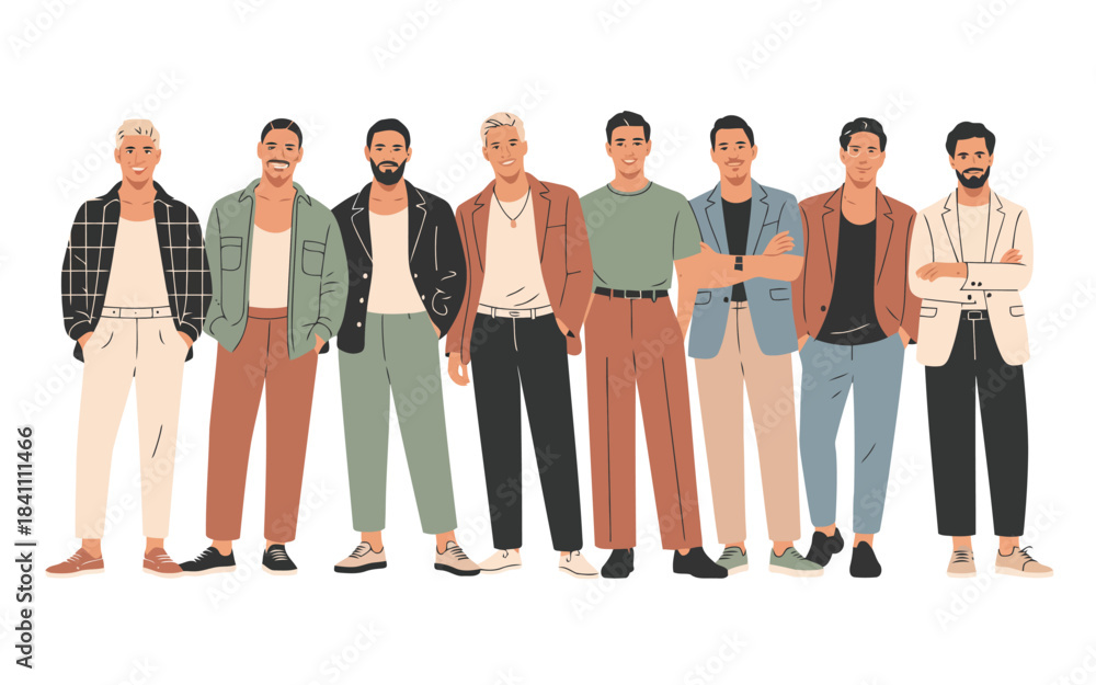 Obraz premium A stylish group of eight diverse men standing confidently in a row against a plain white background