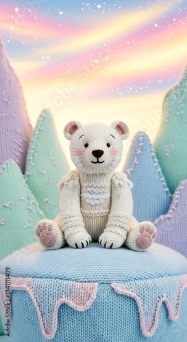 A knitted polar bear sits atop a whimsical, pastel-colored, melting ice cream cone-shaped stool amidst a backdrop of soft, mountain-like formations, bathed in a dreamy, aurora-colored sky.