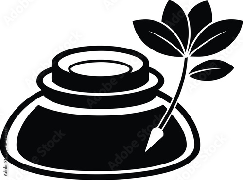 Black and white illustration of an inkwell with a quill pen and a flower