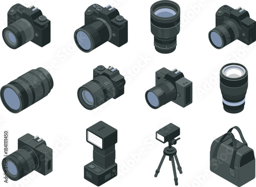 Isometric photography equipment illustration set, cameras, lenses, tripods, flash units, camera accessories, professional photo gear, digital imaging tools, vector design elements