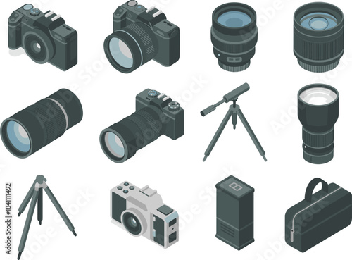 Isometric photography equipment illustration set, cameras, lenses, tripods, flash units, camera accessories, professional photo gear, digital imaging tools, vector design elements