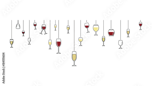 Wine glasses cascade, a decorative display. Red and white wine are arranged, perfect for tasting and celebration. A perfect visual for a wine lover.
