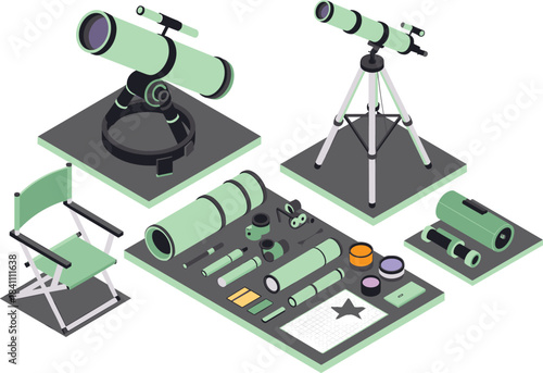 Isometric telescope equipment illustration, astronomy tools and accessories, stargazing gear set, optical instruments, observation tripod, space exploration hobby design elements