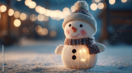Cheerful Snowman Decoration with Warm Glow at Winter Festival
