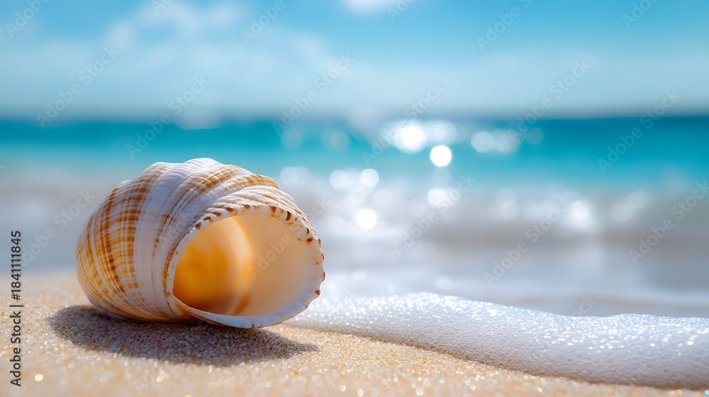 Obraz premium Shell rests on sand by the water under a clear sky in a coastal area during daylight