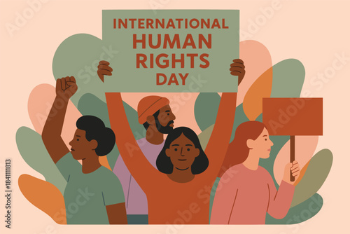 Human Rights Day concept art showing raised hands of different skin tones emerging from shadows into light, representing justice, freedom, and dignity, dramatic lighting, cinematic style