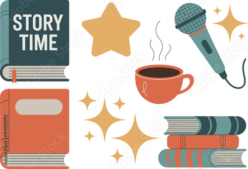 Storytime illustration with books, microphone, coffee cup, stars, reading symbols, creative storytelling concept, podcast elements, cozy literature themed design