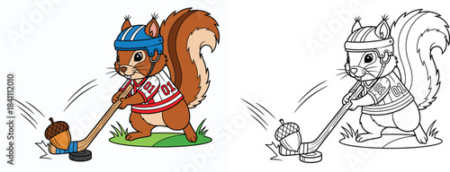 A vector artwork of a cute squirrel playing hockey and striking an acorn A black and white outline of a humorous animal athlete wearing a helmet and jersey for coloring book pages