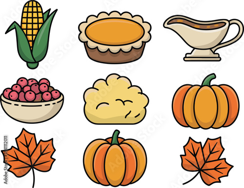 Thanksgiving food and autumn icon set illustration, pumpkin, corn, pie, cranberries, gravy, leaves, harvest symbols, fall season holiday graphics