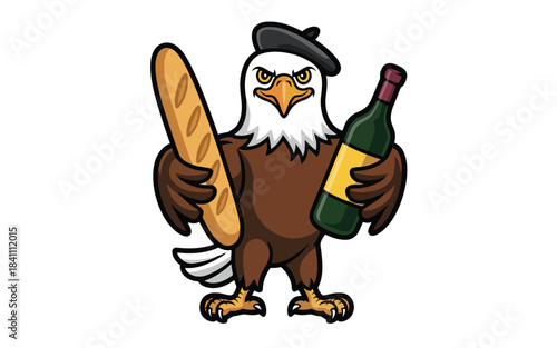 Cartoon bald eagle wearing a black beret holds a long baguette and a green bottle of wine