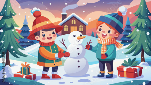 Vintage Christmas postcard featuring two cheerful children building a snowman in a snowy winter landscape, capturing nostalgic holiday charm with soft retro colors and classic festive details