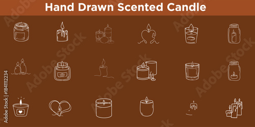  Hand-Drawn Vector Scented Candle Icon Set: Simple Isolated Vector Illustrations for Fire, Light, Holiday, Memorial, and Religious Drawing.