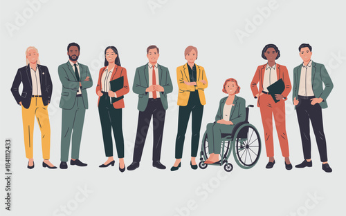 Diverse group of professional business people smiling and standing together including a woman in a wheelchair